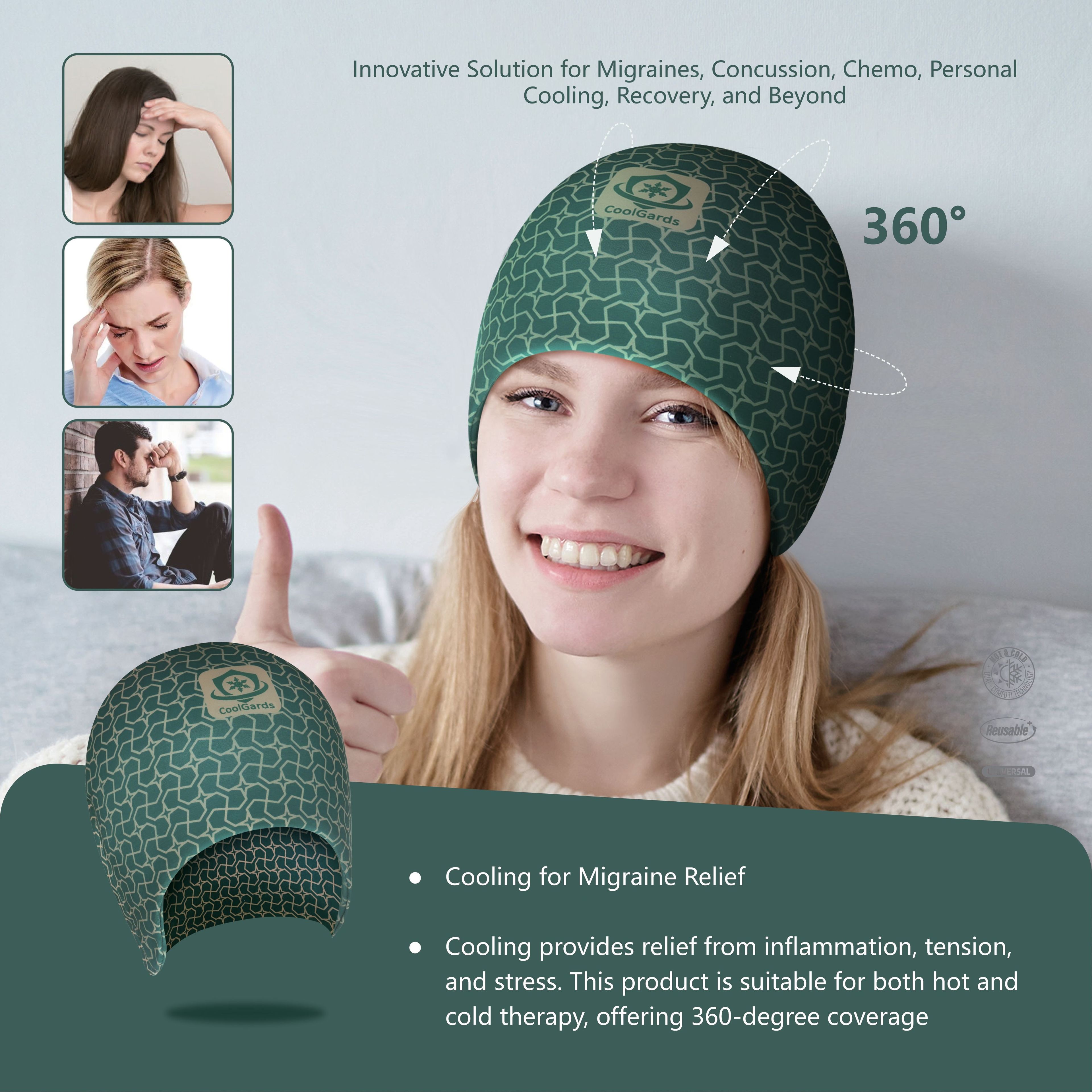 CoolGards Scalp Cooling for Chemo, Migraine, Headache, & Sinus Relief - Cold Compression Therapy Device